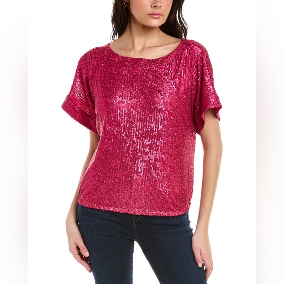 Trina Turk Sprite 2 Top Size Medium Pink Sequin Party Glam Colorful Boatneck - Picture 1 of 5